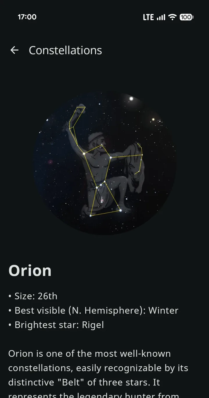 The constellation of Orion in the app: best seen in winter, brightest star Rigel